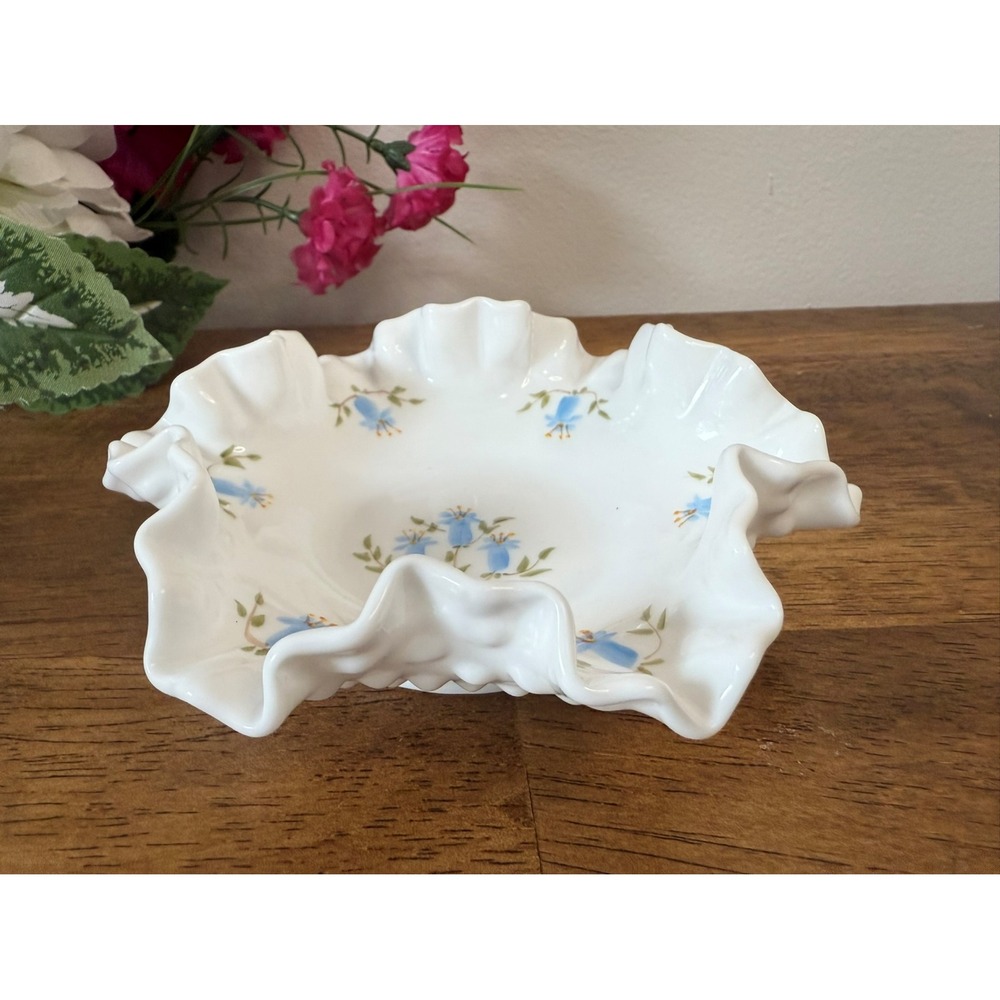 Vintage Fenton Hand Painted Hobnail Milk Glass Ruffled Bowl – Blue Floral Design
